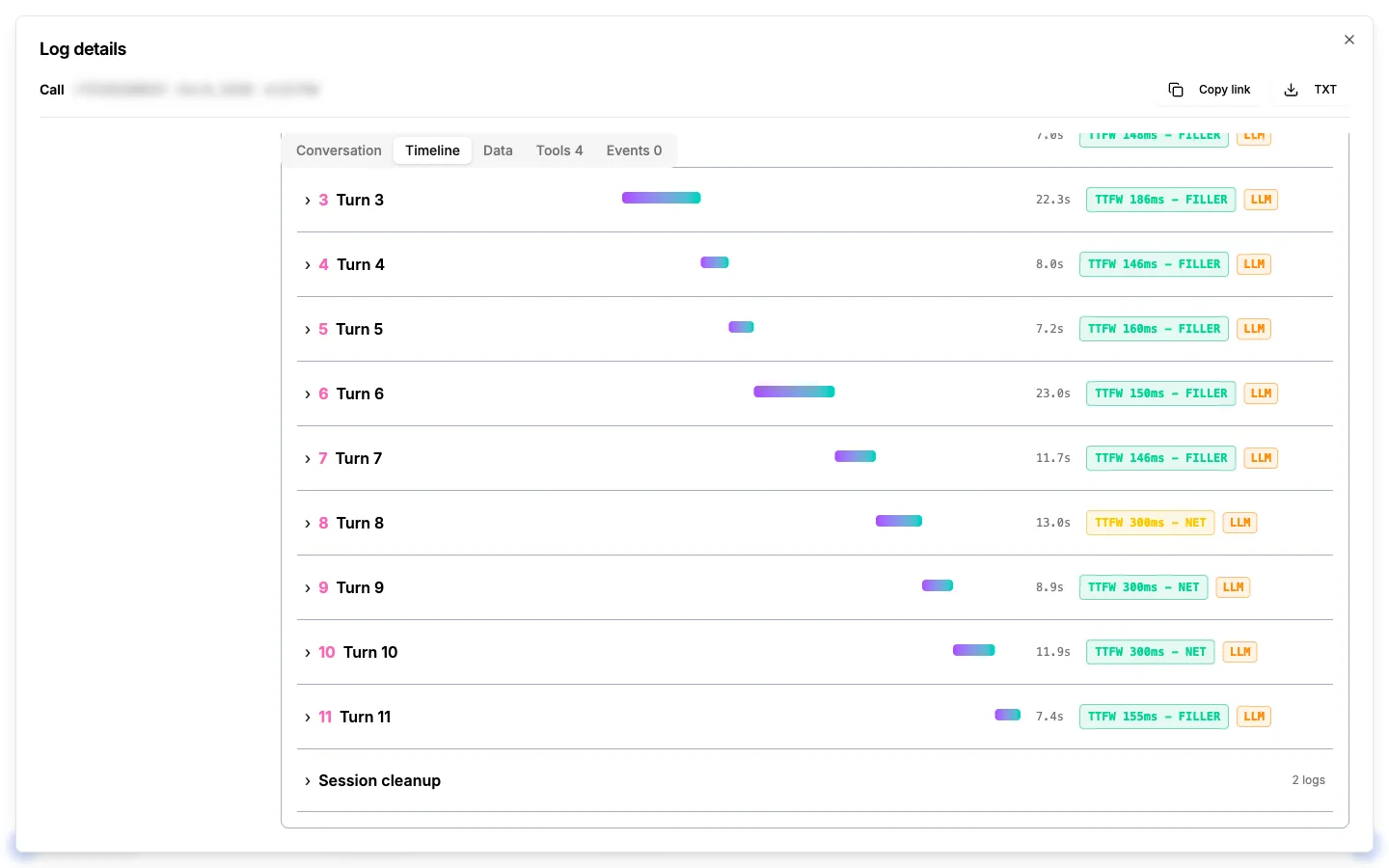 A Komms call timeline listing each turn with its time to first word