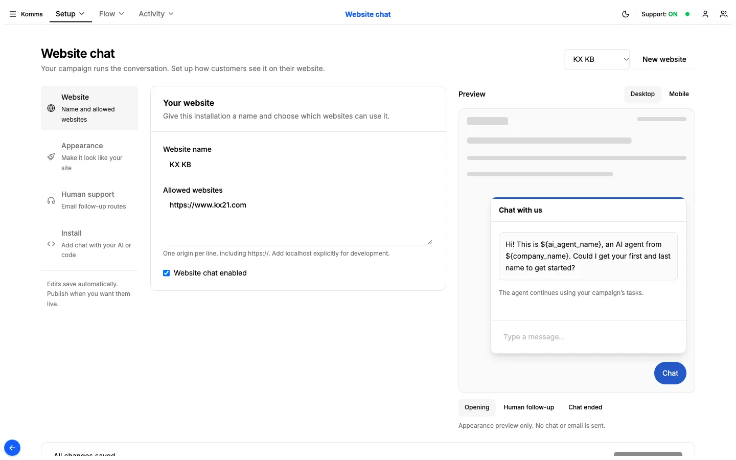 The Komms Website chat setup screen with a chat preview